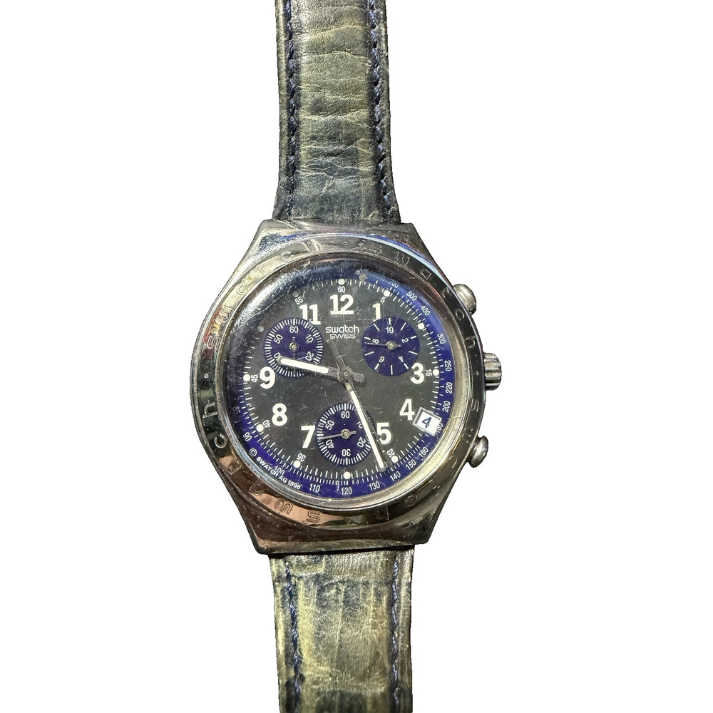 Swatch Irony Chronograph Blue Dial Quartz Watch YCS400 Stainless Steel Leather